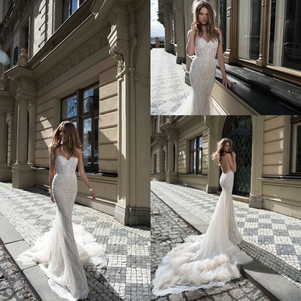 

2021 berta wedding dress romantic spaghetti strap backless see through corset lace beaded cascading ruffles train mermaid gowns, White