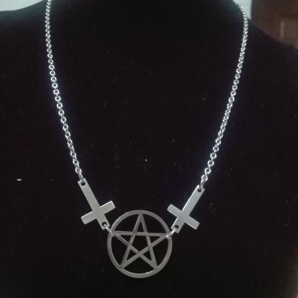 

inverted cross & pentagram necklace - goth deathrock steampunk biker satanic new, Silver