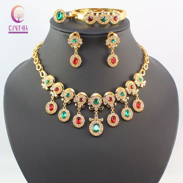 

african beads jewelry set 18k gold plated colorful gem clear austrian crystal women wedding necklace bangle earring ring set, Black
