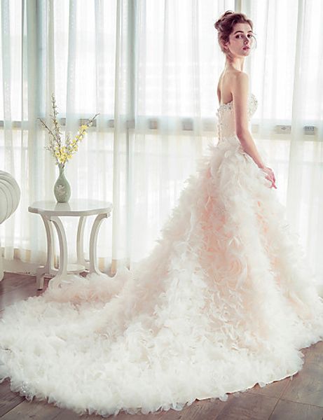 

2016 new fashion elegant ball gown champagne chapel train strapless flower tulle luxurious wedding dresses 149, White