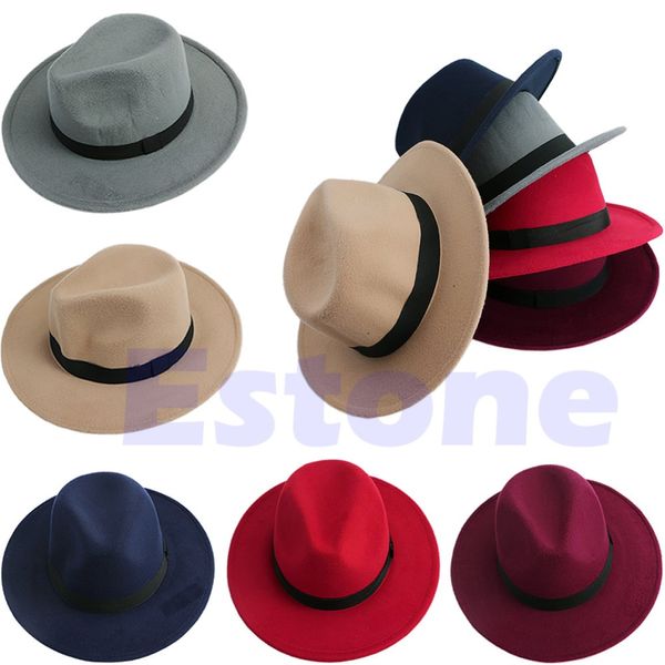 

wholesale-men women bowknot jazz hard felt fedora bowler panama wide brim hat gangster cap ing, Blue;gray