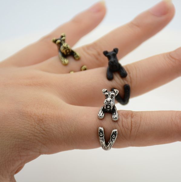 

wholesale- punk 1 piece vintage 3d miniature schnauzer puppy animal ring men jewelry anillos boho chic dog rings for women anel feminino, Golden;silver