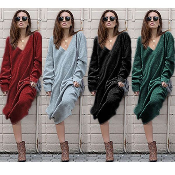 

10pcs Ladies Fashion Fall V-Neck Casual Long Sleeved Slim Fit Long Dress Womens Solid Color Winter Autumn Dresses
