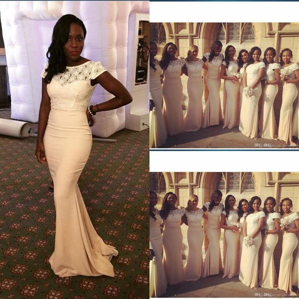 

african traditional 2017 jewel neck lace chiffon mermaid bridesmaid dresses short sleeves maid of honor dresses for wedding plus size gowns, White;pink