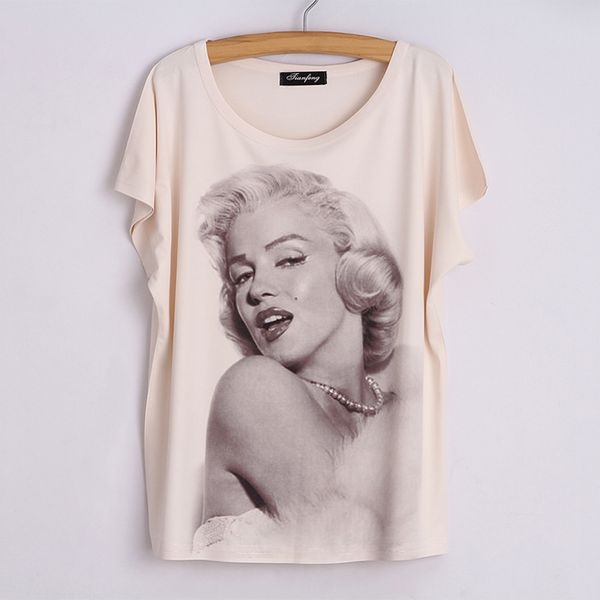 

wholesale-loose cotton batwing sleeve marilyn monroe/lips kiss/skull/ print t shirt women 2015 summer harajuku women camiseta mujer, White