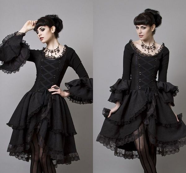 

long sleeve gothic black evening dress a line hi lo vintange prom dresses scooped poet lace 2016 vestidos de festa, Black;red