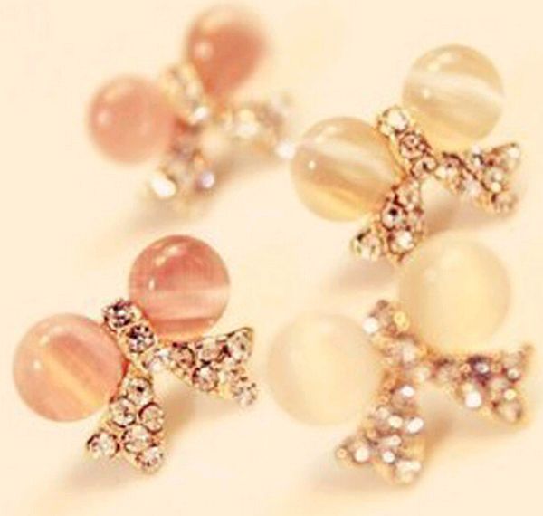 

exquisite opal bow beads ear nail fashion elegant big eye dragonfly korean jewelry stud earrings on sale, Golden;silver