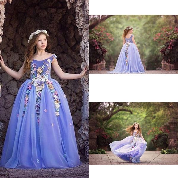 

beautiful purple flower girls dresses jewel neckline sleeveless kids formal wear for wedding flower applique little girl pageant dress, White;blue