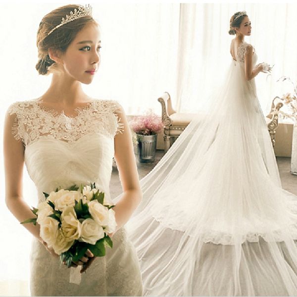 

modest lace wedding dresses mermaid jewel sleeveless eyelash lace appliques ruched tulle lace up back bridal gowns with flowing train, White