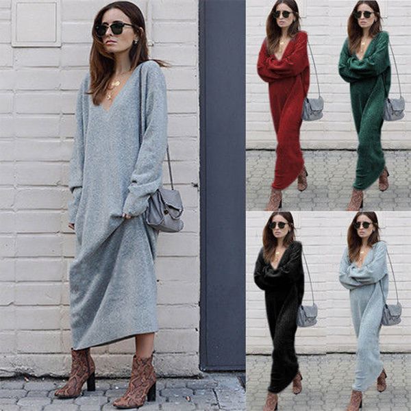 

Ladies Fashion Fall V-Neck Casual Long Sleeved Slim Fit Long Dress Womens Solid Color Winter Autumn Dresses