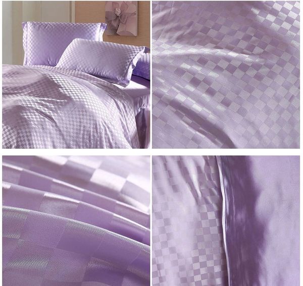 

wholesale-luxury light purple lilac plaid silk bedding sets  king size duvet cover bedspread bed in a bag sheets bedroom quilt linen