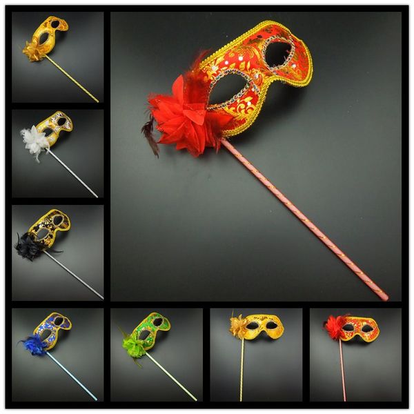 Satışta Parti Maskeleri Altın Kumaş Kaplamalı Çiçek Yan Venedik Maskeli Sarmal Parti Maskesi Çubuk Karnavalı Cadılar Bayramı Maskesi Mix Renk Ücretsiz Kargo