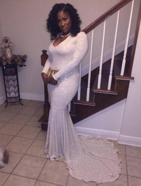 

2017 deep v-neck mermaid black girl prom dresses sequined evening tulle blingbling prom party gowns plus size vestido de festa