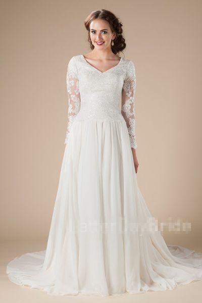 Abiti da sposa lunghi modesti a-line Boho con bottoni a maniche lunghe Back Country Western Lds Abiti da sposa Gonna in chiffon con top in pizzo