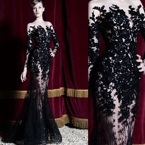 Новая распродажа иллюзия с длинными рукавами вечерние платья черные прозрачные кружевные оболочки длинные выпускные вечеринки платья длиной дол Дубай арабский повод платья