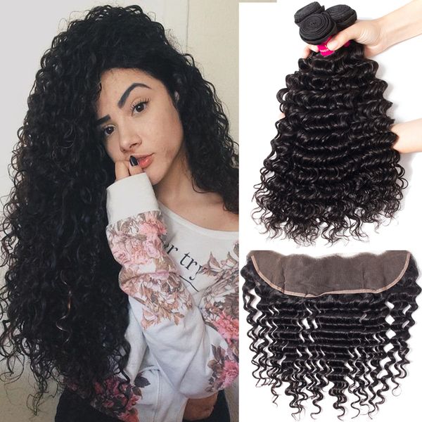 

brazilian hair deep wave 13x4 lace frontal closure with 3 bundles brazilian peruvian malaysian hairdeep curly wave with lace frontal closure, Black;brown