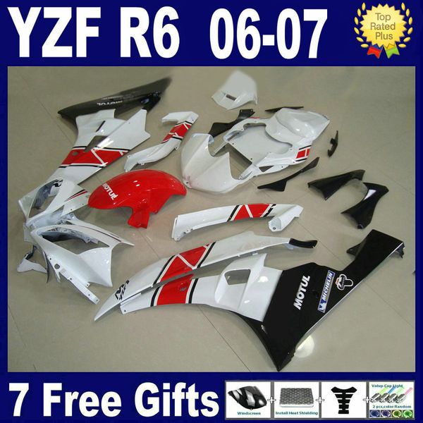 Vermelho branco Injeciotn molde para 2006 2007 YAMAHA R6 carenagens 06 07 YZF R6 carenagem kit 100% fit + 7 presentes