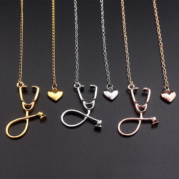 

popular er stethoscope lariat heart pendant necklace nurse medical necklace alloy chain 4 colors statement jewelry, Silver