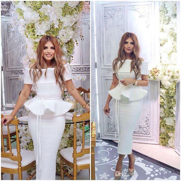 

white chic arabic evening dresses bateau sheath tea length ruffles peplum satin prom cocktail dresses formal party gowns, Black