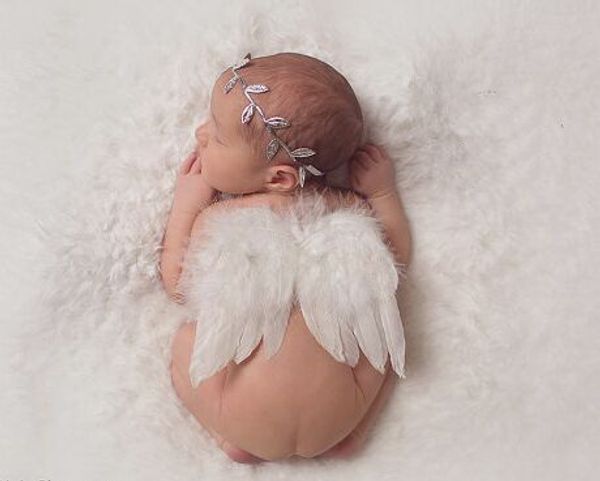 1 SET Infant Baby foglie di ulivo Foglia fascia Piuma bianca Angel Wing Couture Newbron Battesimo fascia per capelli Fotografia Puntelli Set YM6129