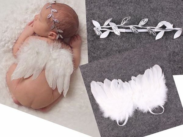 5SET Kleinkind Baby Olivenblätter Blatt Stirnband Weiße Feder Engelsflügel Couture Newbron Taufe Haarband Fotografie Requisiten Set YM6129