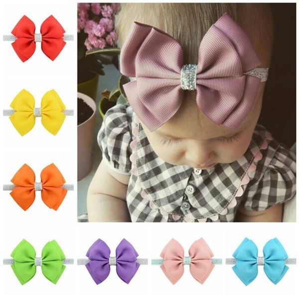 

new  color baby headbands bows kids ribbon glitter elastic headbands for girls children hair accessories double bowknot hairband b11, Slivery;white