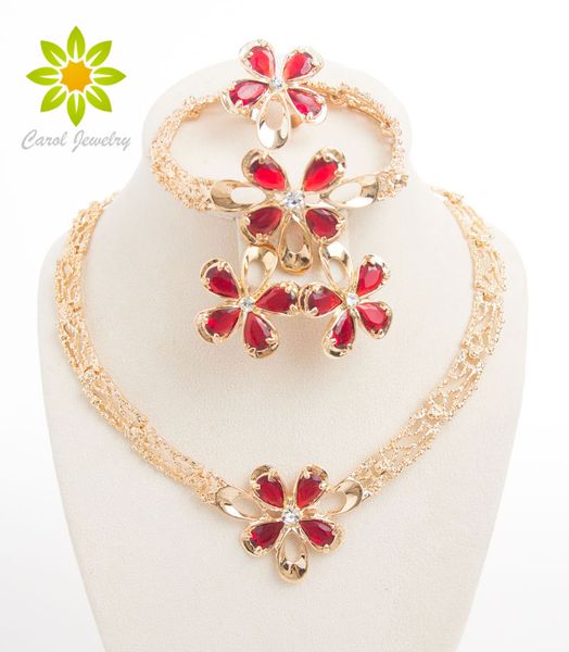 

new fashion women gold plated jewelry set costume red austrian crystal necklace earring bracelet ring wedding accessories african beads, Slivery;golden