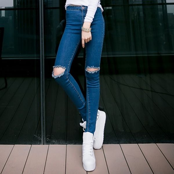 

new high waist jeans woman knee hole skinny pencil pants slim denim ripped boyfriend jeans for women elastic blue hole ripped jeans