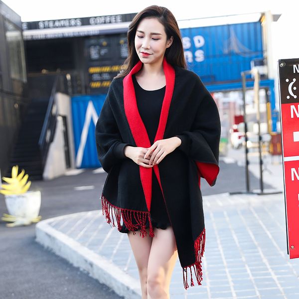 

2017 winter knitted with solid batwing cashmere artificial warm tassel sleeve poncho women's oversize shawl cardigans bltqp, White;black