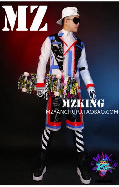 

male fashionable nightclub in europe and the runway looks color frosted plastic splicing costumes. 3423 s - 6 xl, Black;red
