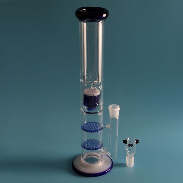 2 blaue Waben-Tablettenkäfig-Bongs günstig zum Verkauf, kostenloser Versand, Bohrinseln, Glas-Wasserbong mit dreifachen Waben-Rauchwasserpfeifen