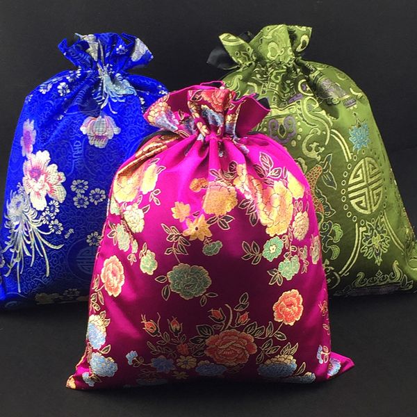 

extra large luxury silk brocade drawstring bag jewelry shoes bag travel portable pouch double layer shoe storage bag 36 x 27cm 10pcs/lot, Pink;blue
