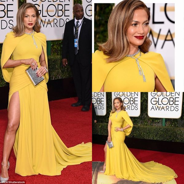 

2020 73th Golden Globe Awards Celebrity Dresses Jennifer Lopez Yellow Crew Neckline Chiffon Mermaid Floor Length Evening Red Carpet Dress