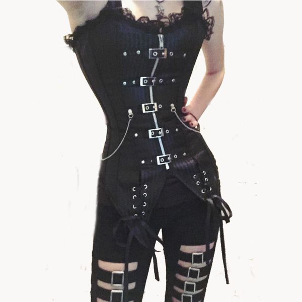 

оптовая плюс размер xxl xl 2015 черный стимпанк кожа кружева стали костей overbust готический корсет с пряжкой 4499 тела формирователь корсе, Black;white