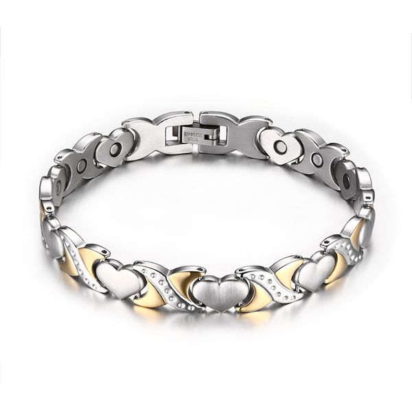

brand new style gift for wife/girlfriend stainless steel health magnet stone crystal heart link chain bracelet 9mm 9'', Black