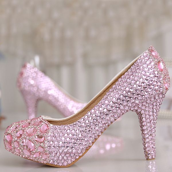 

Розовый хрусталь Свадебная обувь Rhinestone Party Высокие каблуки Мода Весна 3 Дюймы Shining