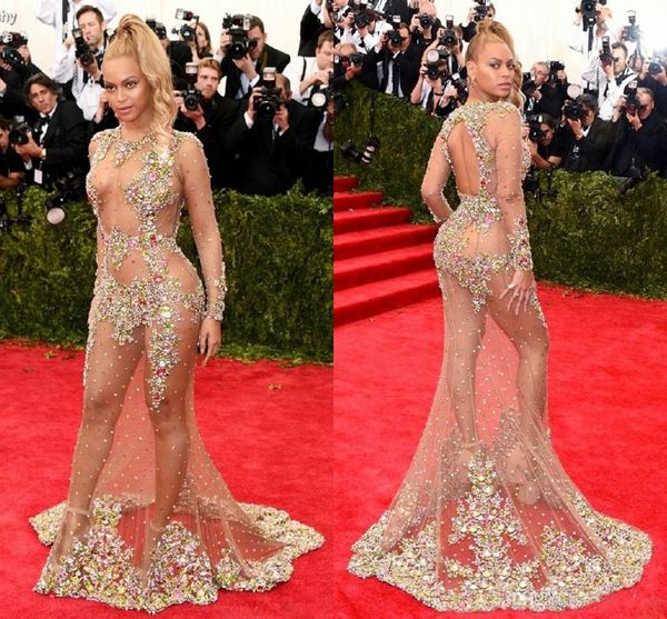 Beyonce Prom Dressess Sexy Tapete Vermelho Vestidos Tripulação Completa Manga Sheer com Brilhando Lantejoulas Beads Backless Sweep Train Vestido de Baile