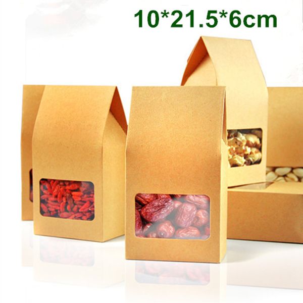 Atacado 120pcs / Lot 10 * 21,5 * 6cm Kraft Paper Box Com Limpar janela DIY Gift Packaging Food Storage embalagem Oragan Saco para lanche Biscoitos Nuts