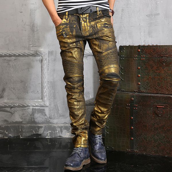 

wholesale-men's fashion golden coated painted biker jeans male casual slim denim pants long trousers ing, Blue