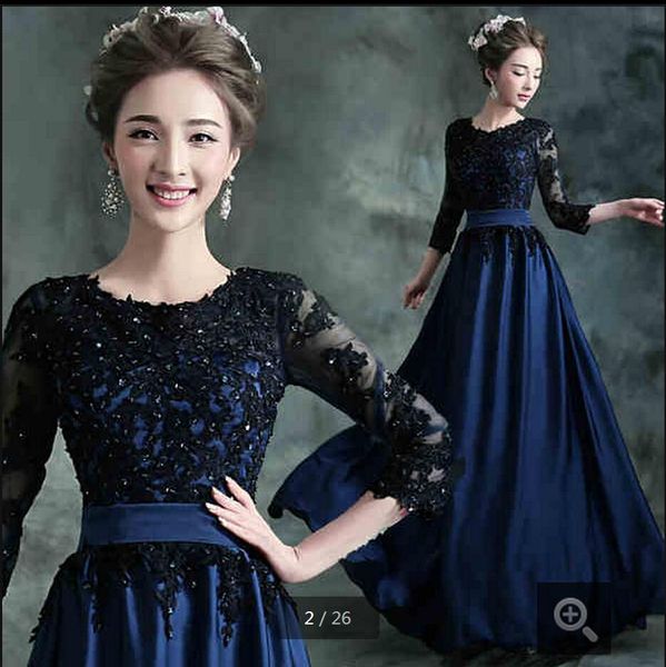 

2015 free shipping blue chiffon evening dresses lace appliques with scoop neckline sashes 34 sleeve modest formal prom party evening dress