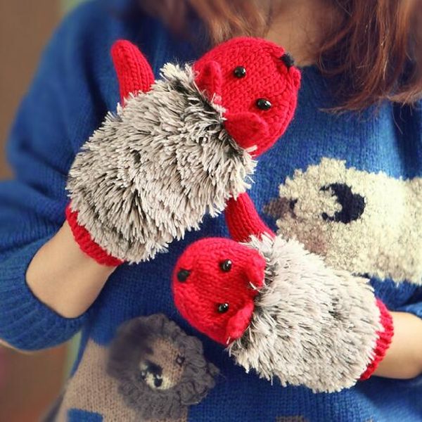 

hedgehog cartoon gloves women winter warmer knitted crochet wrist coral fleece heated mittens outdoor gloves gifts 9 colors, Blue;gray
