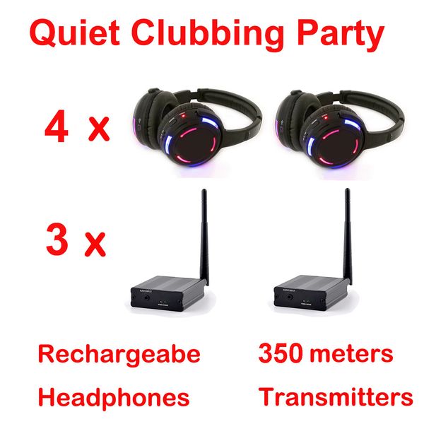 Sistema Silent Disco professionale 4 LED lampeggianti Cuffie con 3 trasmettitori a 500 m di distanza - Wireless RF per iPod MP3 DJ Music