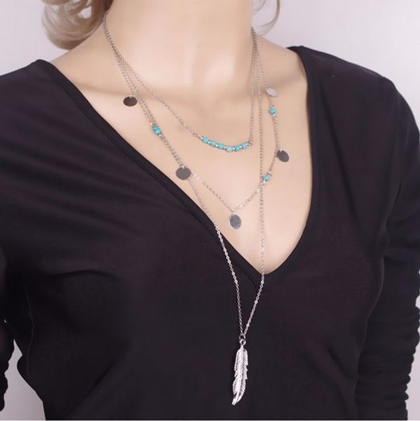 

pendant necklaces women fashion vintage quality blue beads metal disc alloy feather tassel 3-layer clavicle chain jewelry wholesale sn808, Silver