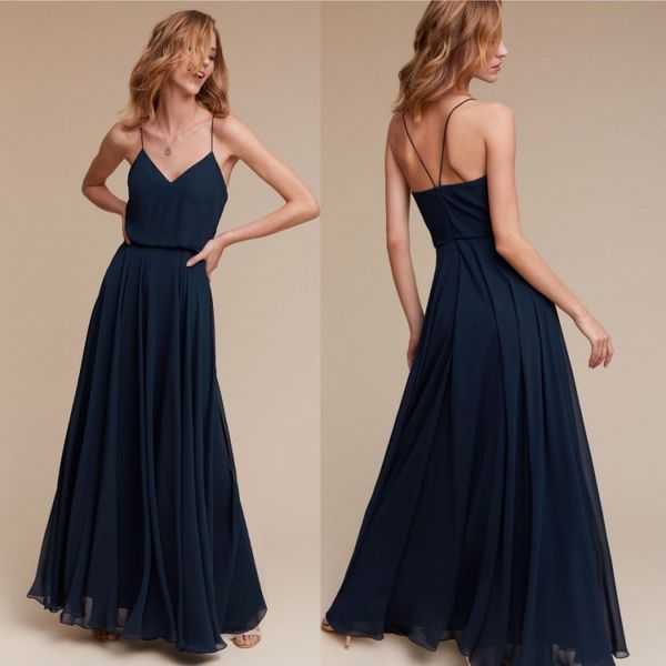 BHLDN Espaguete Decote Vestidos de Baile Longo Design Simples Marinha Escura Cocktail Dress Sexy Voltar A linha de Vestidos de Noite