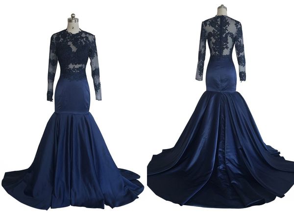 Azul marinho Sereia barato vestido de noite com Illusion mangas compridas See Through 2020 Satin Lace baratos Dresses Prom Pageant Partido Vestidos