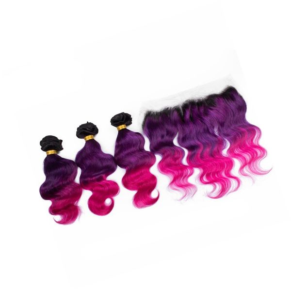 2019 Dark Roots Virgin Body Wave Hair With Top Lace Frontal Ombre 1b Purple Pink Human Hair 3 Bundles With Frontal Closure From Avon Hair 308 09