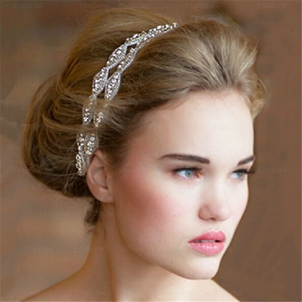 Sparkling Glass Rhinestone Bridal Headbands Two Row Crystal Ribbon