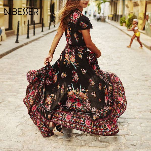 

wholesale- nibesser boho deep v-neck maxi dress women ruffle short sleeve print floral beach dress feminine summer long vestido 2017, White;black
