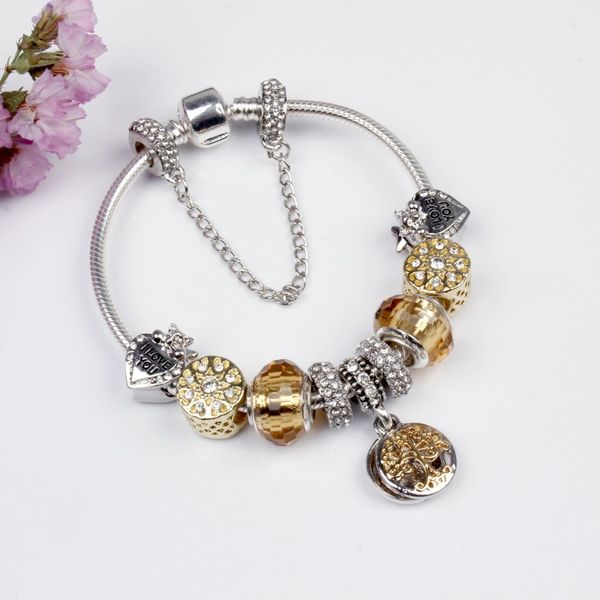 

yellow handmade tree of life heart crystal multi-element crystal rhinestone snake chain hangling pendants bracelets valentine gift d189s, Golden;silver
