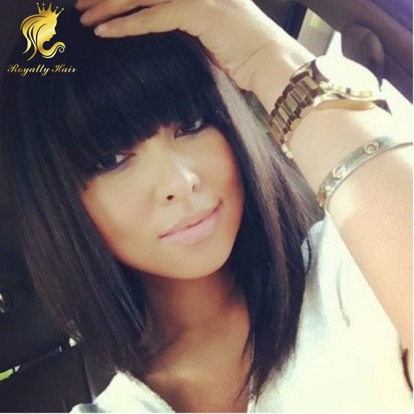 

natural color short straight human hair wig with bangs glueless full lace wigs peruvian short bob lace front wigs for black woman, Black;brown